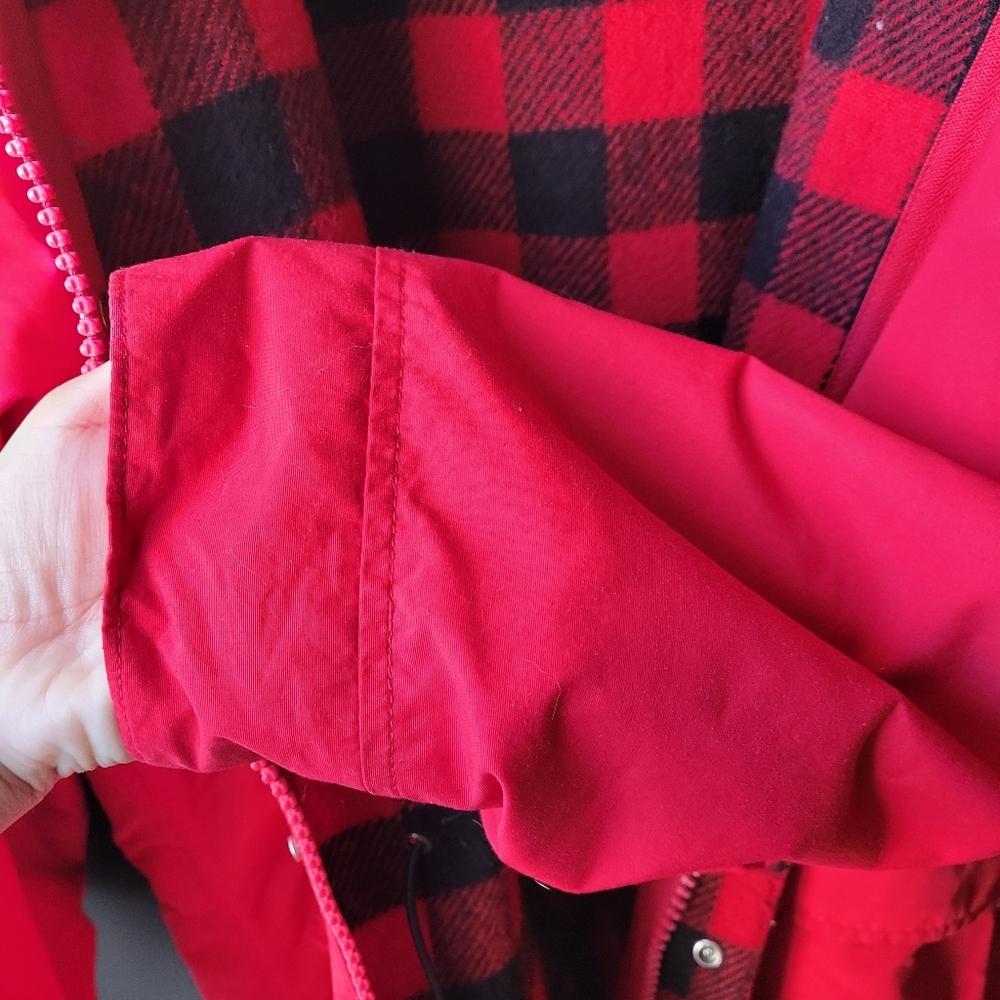 Vintage LL Bean Baxter State Parka Jacket Plaid Wool Lined Hood Red Womens Large - Picture 11 of 16